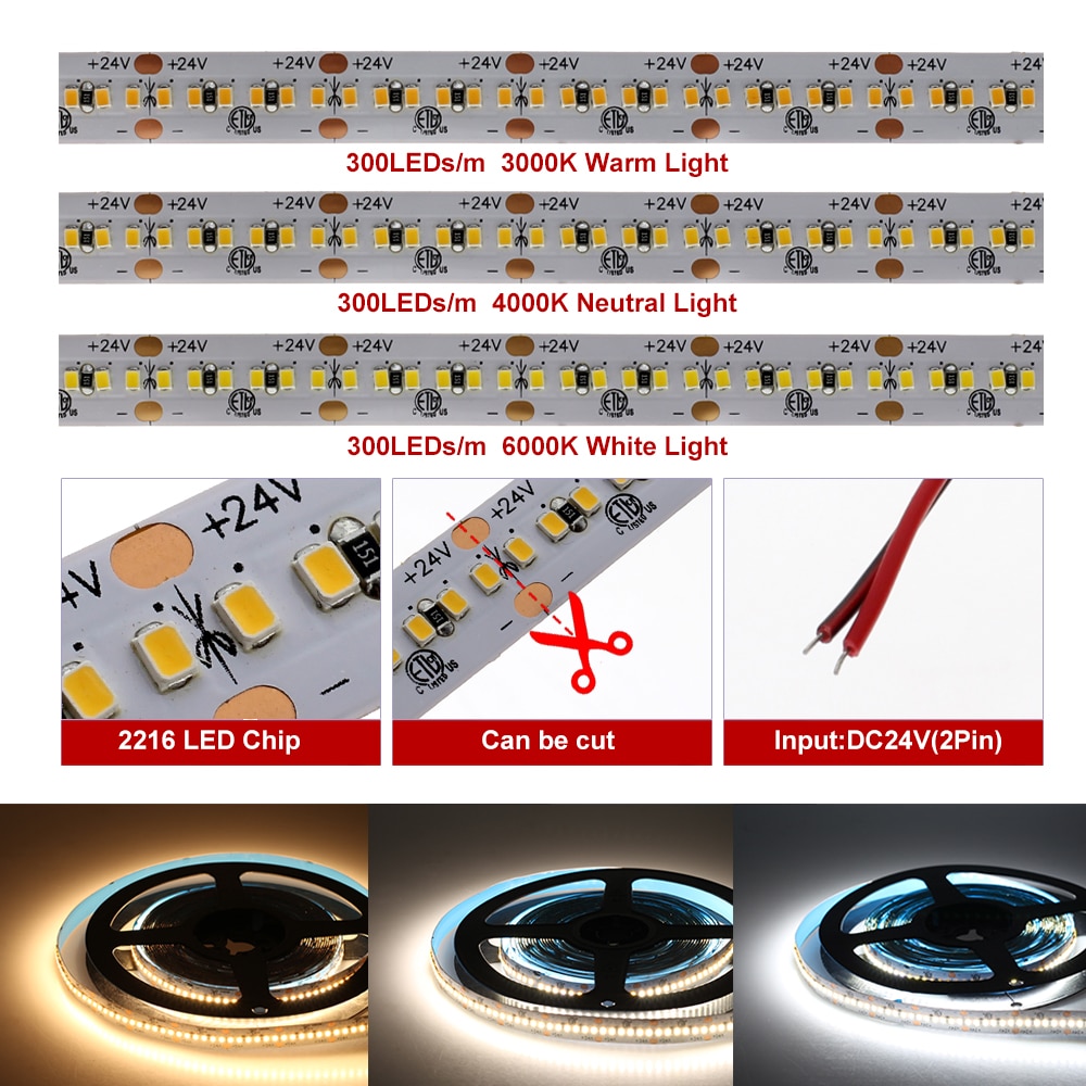 High End LED Strip SMD 2216 CRI>90 12V 120LEDs/m 24V 300LEDs/m 3000K 4000K 6000K High Brightness Flexible LED Light Tape 5m/lot