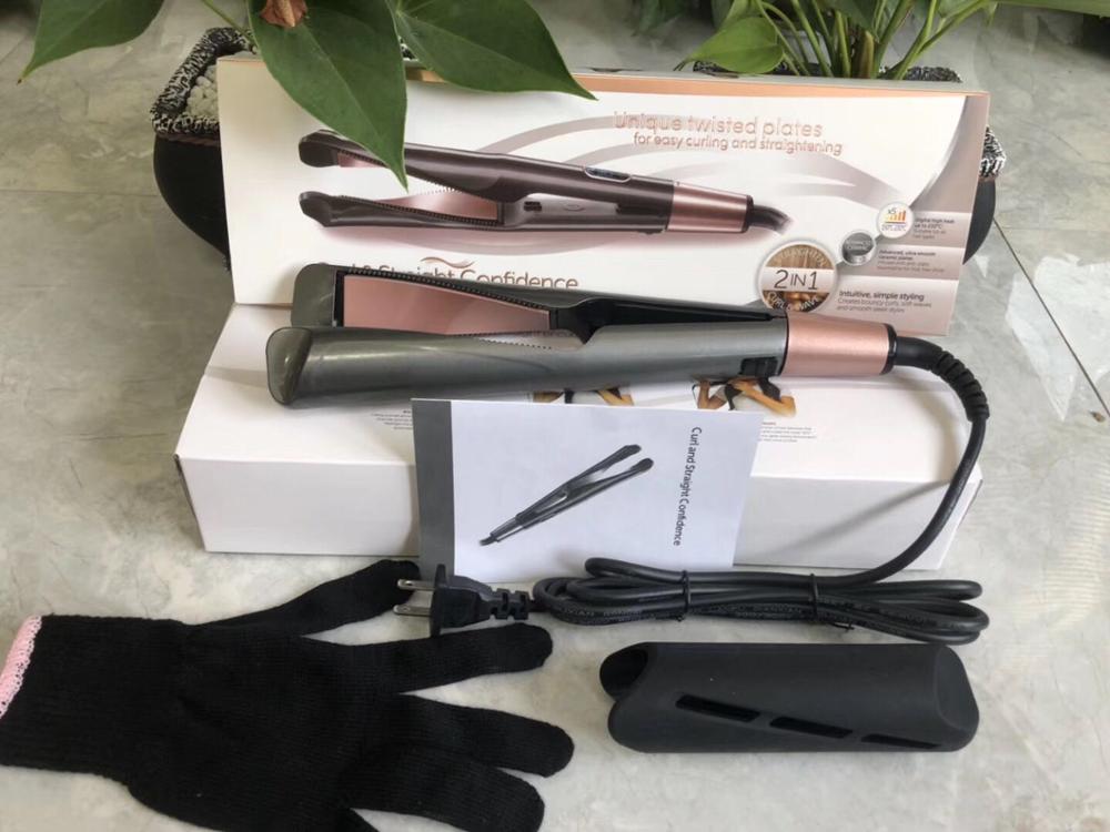 2-in-1-Haarglätter und Lockenwickler, Turmalin-Keramik, gedrehtes Glätteisen, Glätten und Lockenwickeln mit LCD für das Haarstyling: Gold / Großbritannien