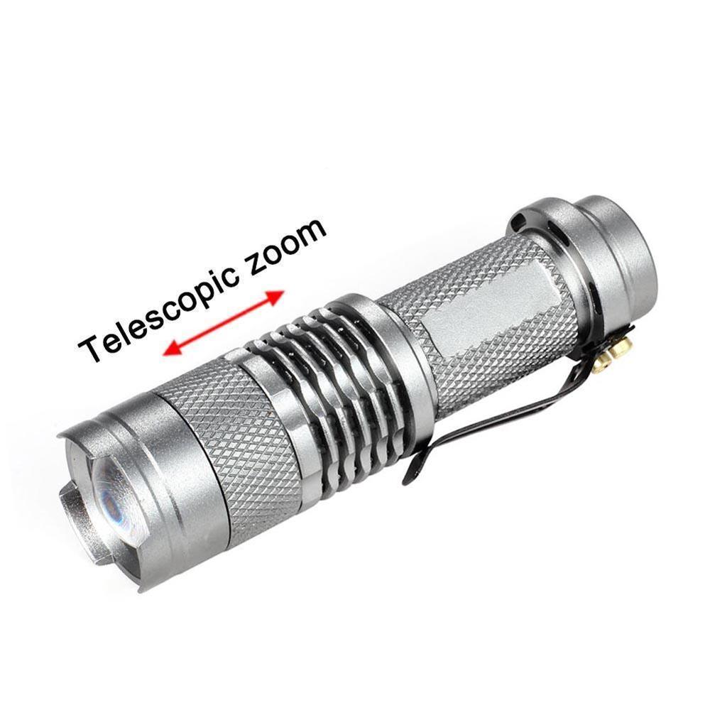 CASTNOO 5 kleuren Draagbare Licht LED Zaklamp ZOOM 7 W 2000LM Lanterna 3 Modes LED Zaklamp AA/14500 batterij zaklamp voor fiets: Silver flashlight