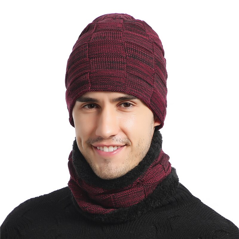 Ensemble bonnet et écharpe d'hiver, bonnet en tricot chaud, bonnet de crâne, cache-cou, bonnet et écharpe d'hiver doublés en polaire épaisse pour hommes et femmes: Vin rouge