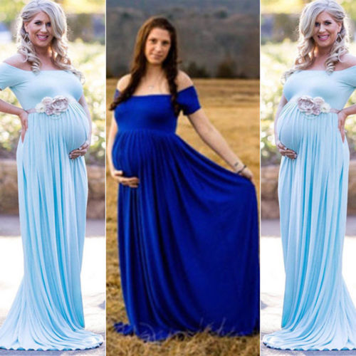 Barsel kjole fotografering rekvisitter sommer off skulder lang maxikjole graviditet kvinder mælk kjole tøj til gravide