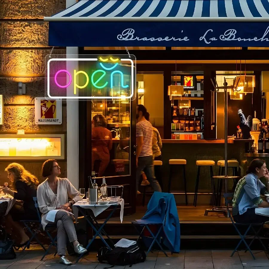 Led-åpne skilt for bedrifter. lysende åpne skilt for kontor, butikk, restaurant, bar, kaffebar, spa osv. åpne og lukkede skilt.
