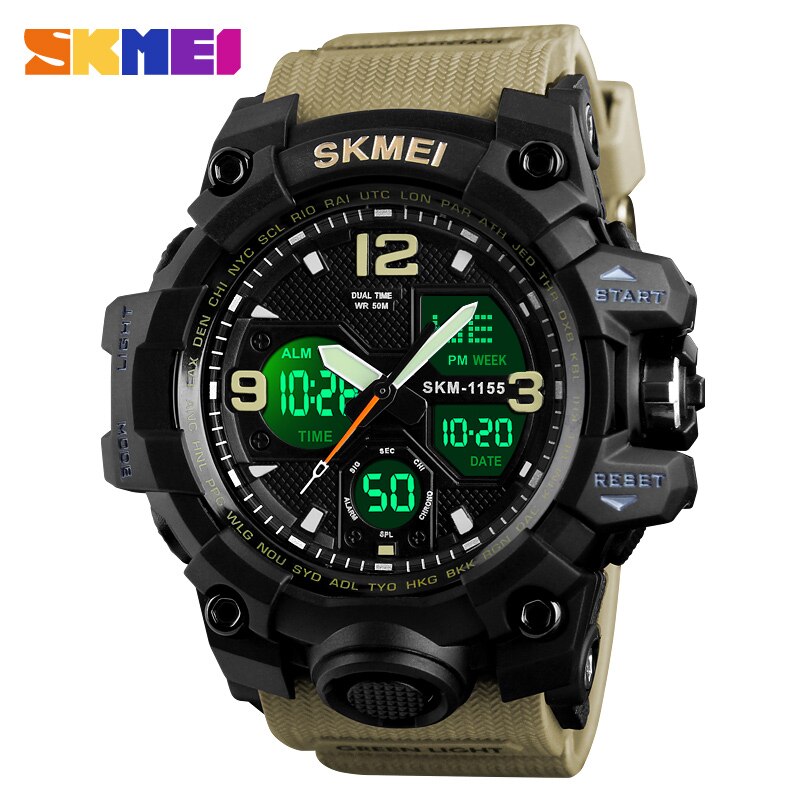 Skmei luminous dual display herre sportsure mandlige quartz armbåndsur stopur automatisk dato alarm elektronisk ur 1155b farve: Khaki