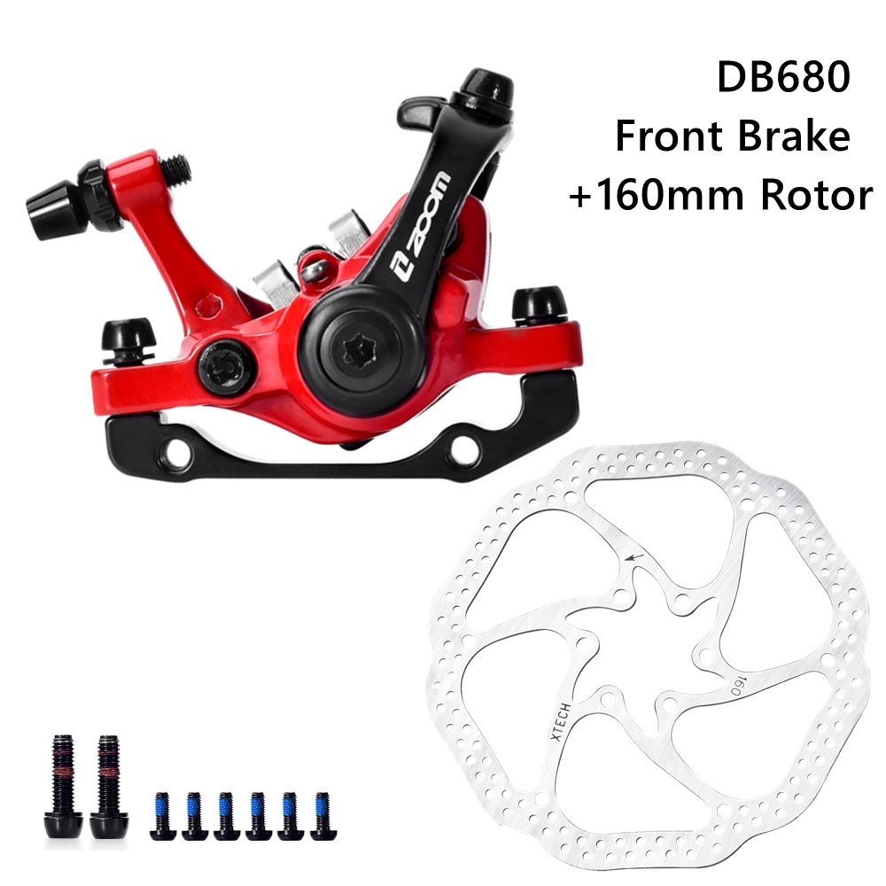 ZOOM Bike Mechanical Brake Caliper Adapter MTB Bilateral Drive Bicycle Front Rear Disc Brake Caliper Device Brake Pads DB680: Front n Rotor Red