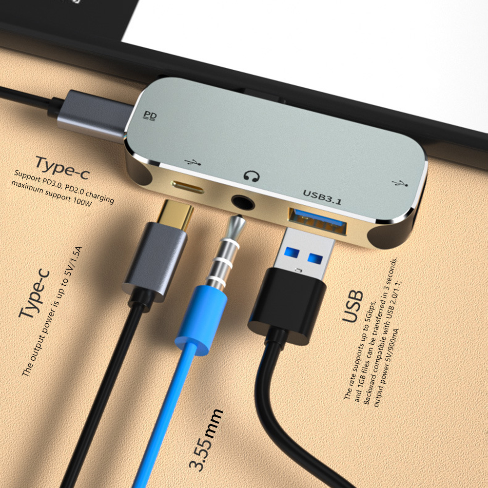 PC Computer Type-C Extension Hub 3.55mm Jack PD100W USB3.0/USB2.0/USB3.1 HDMI-Compatible USB Extender