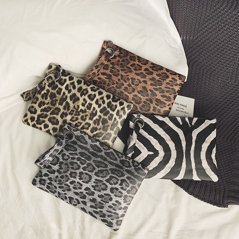 Luksus trendy håndtasker leopard print damer clutch flerfarvet retro flad taske stor kapacitet clutch