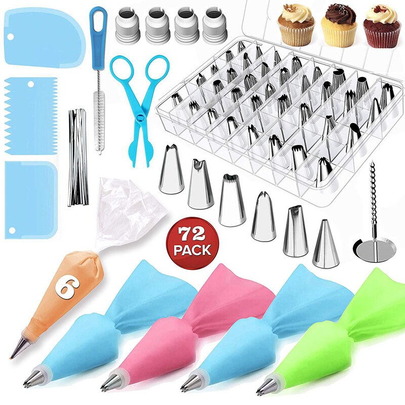 Cake Decorating Set Piping Nozzles Tips Pastry Scraper Converter Silicone Cream Bag DIY Cupcake Dessert Baking Supplies Kit: 72 PCS