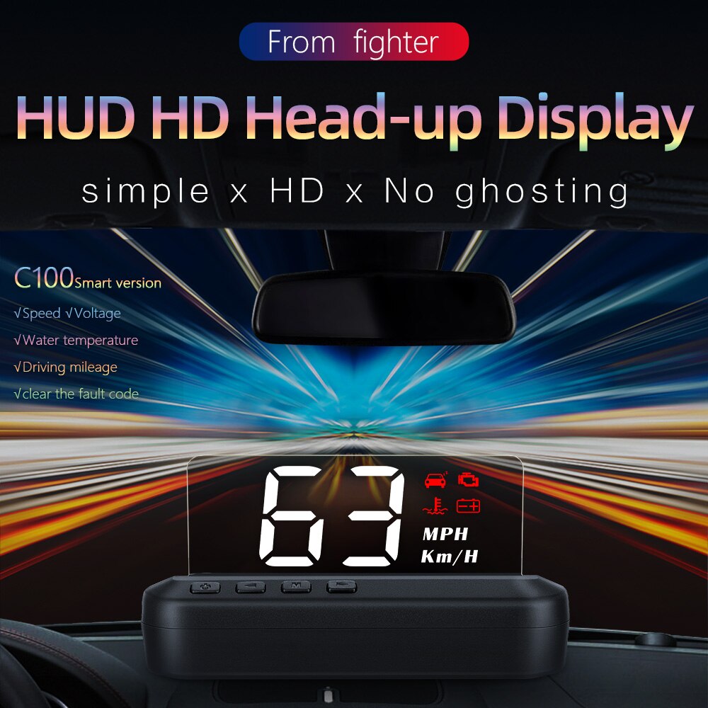 Pantalla frontal de coche C100 OBD2 HUD, proyector Digital de velocidad, alarma de seguridad, temperatura del agua, velocímetro KMH MPH