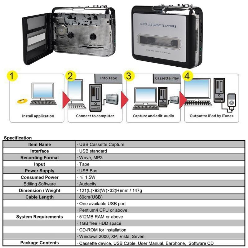 USB Cassette Player Tape to PC Cassette to MP3 Format Converter Capture
