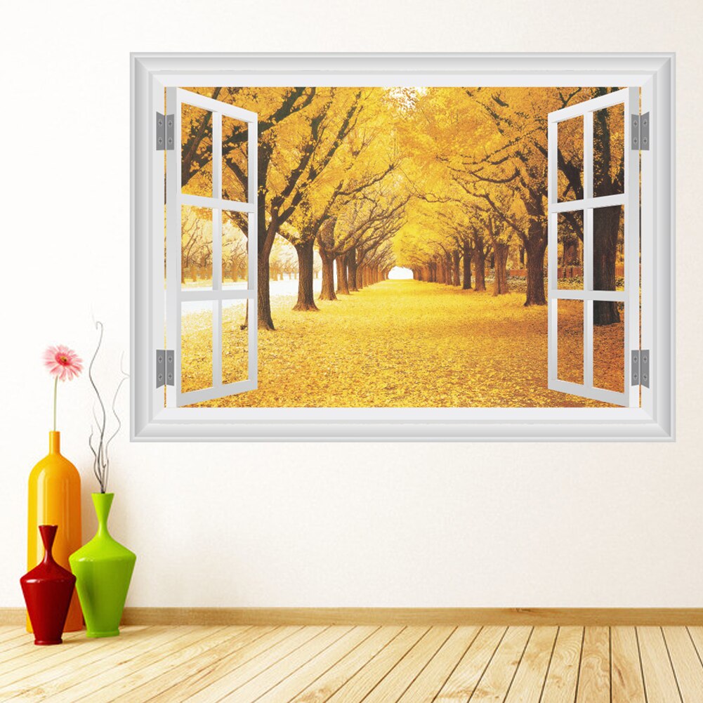 3D Window Forest Landscape in Four Seasons 3D Wall Sticker Green Tree Removable Wallpaper Home Decal Home Decor