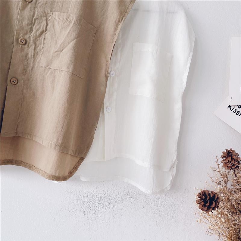 Jongens Mouwloos Shirt Met Pocket 2022 Zomer Koreaanse Kinderen Effen Kleur Casual Button Shirts Knappe Kinderkleding WT763
