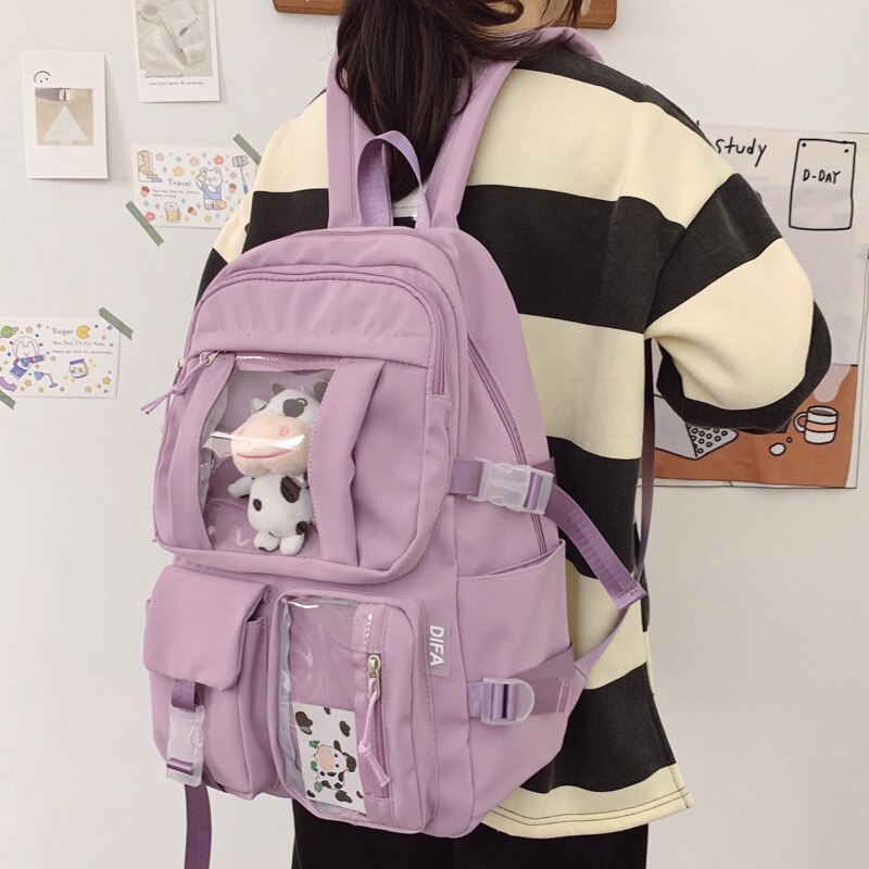 Solid Color Waterproof Nylon Women Backpack Female Multi-pocket Insert Buckle Travel Bag Girls Transparent Pocket Schoolbag