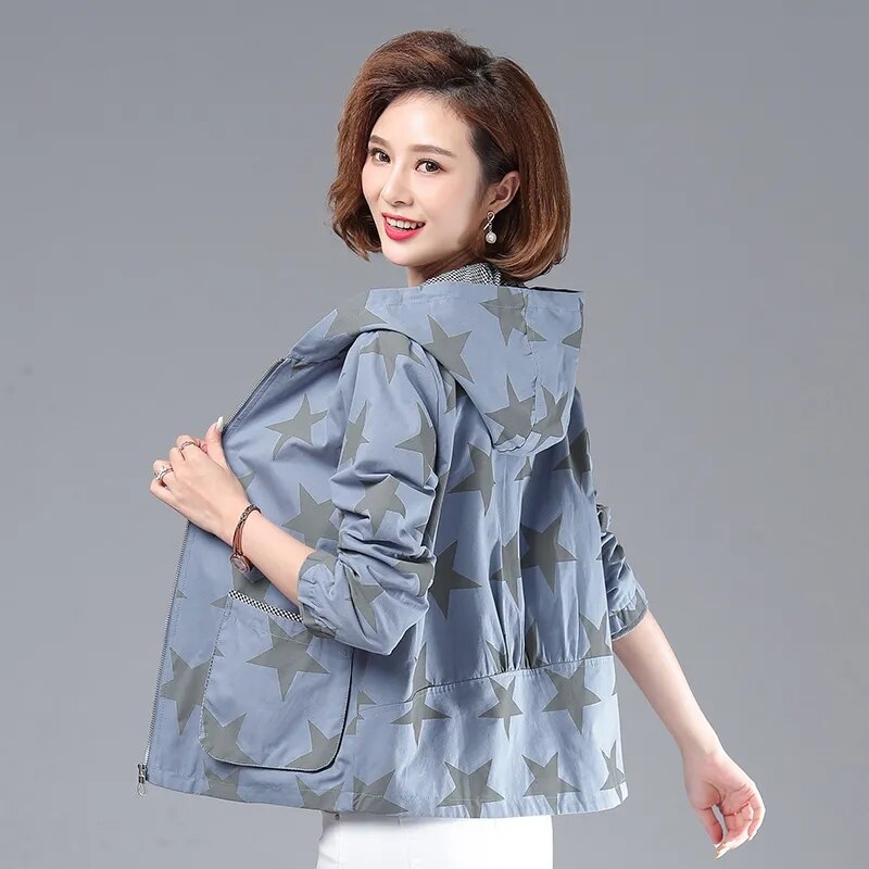 Outerwear Coat Jacket Spring Autumn Jackets Casual Women Trench Coats Star Print Splicing Hooded Coat Streetwear Windbreaker