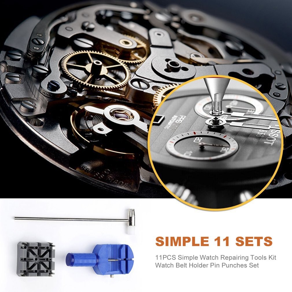 11pcs/set Watch Repairing Tools Kit Durable Watch Belt Holder Pin Punches Hammer Set Household Watch Maker Tools Kit