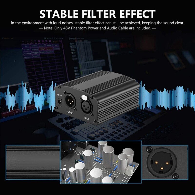 1- -kanals 48v fantomstrømforsyning med adapter, mikrofonkabel til enhver kondensatormikrofon musikoptageudstyr eu-stik