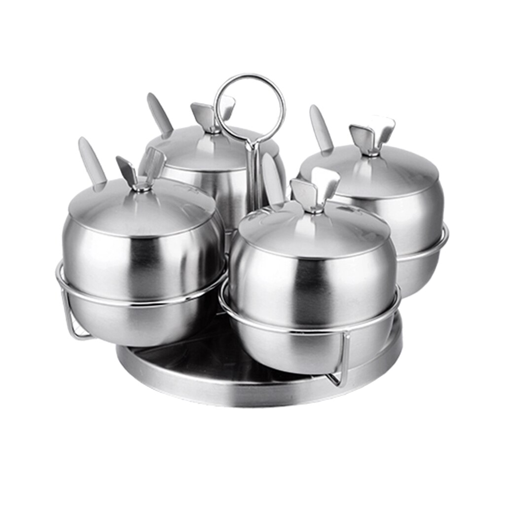 Stainless Steel Condiment Set Condiment Pots with Lids, Serving Spoons, 8.5cm Diameter