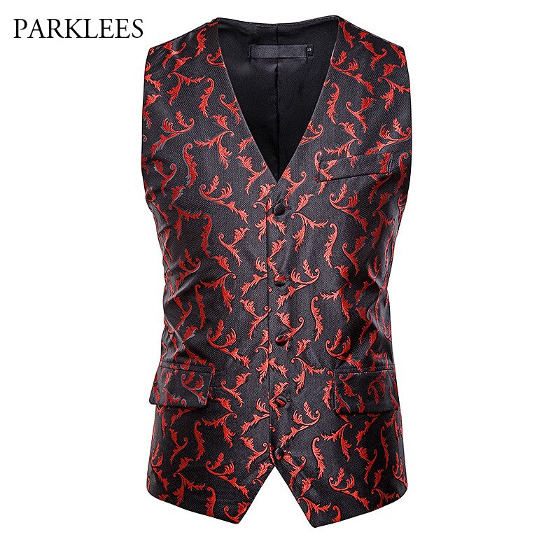 Boutique rood bloemen heren pak vest dubbele zakken v-hals heren glitter vesten bruiloft feest gala gilet chaleco hombre 2xl