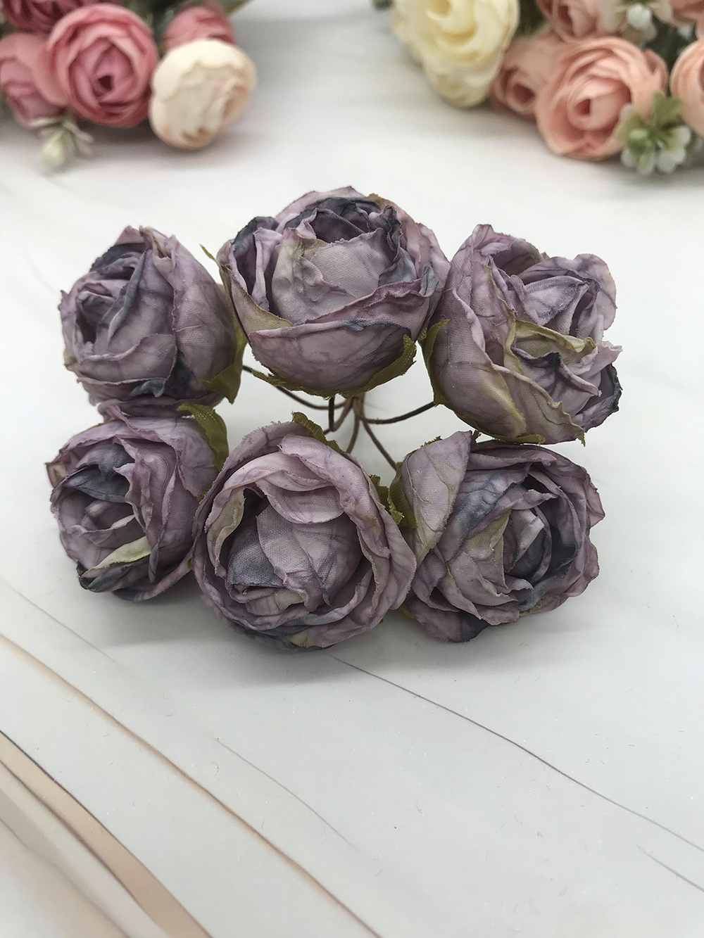 Guirnalda diy de 6 piezas de simulación, tocado de bosque, capullo de té europeo, borde , flor de seda Rosa retro, material de decoración de brotes: Gris