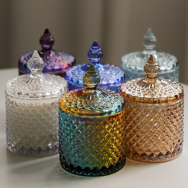 Pot de bougie vide en verre, motif losange gaufré, récipient en verre couleur bougie d&#39;aromathérapie à domicile, bricolage matériel fabrication de bougies