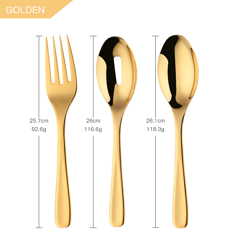 3Pcs/set 18/8 Stainless Steel Gold Flatware Big Size Long Handle Serving Salad Spoon/Fork/Colander Salad Set Kitchen Utensils: gold