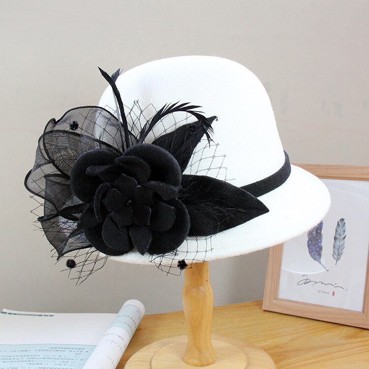 Sombreros de novia Vintage con flor de lana, tocado de pelo , sombrero de noche, velo de novia, accesorios de boda,