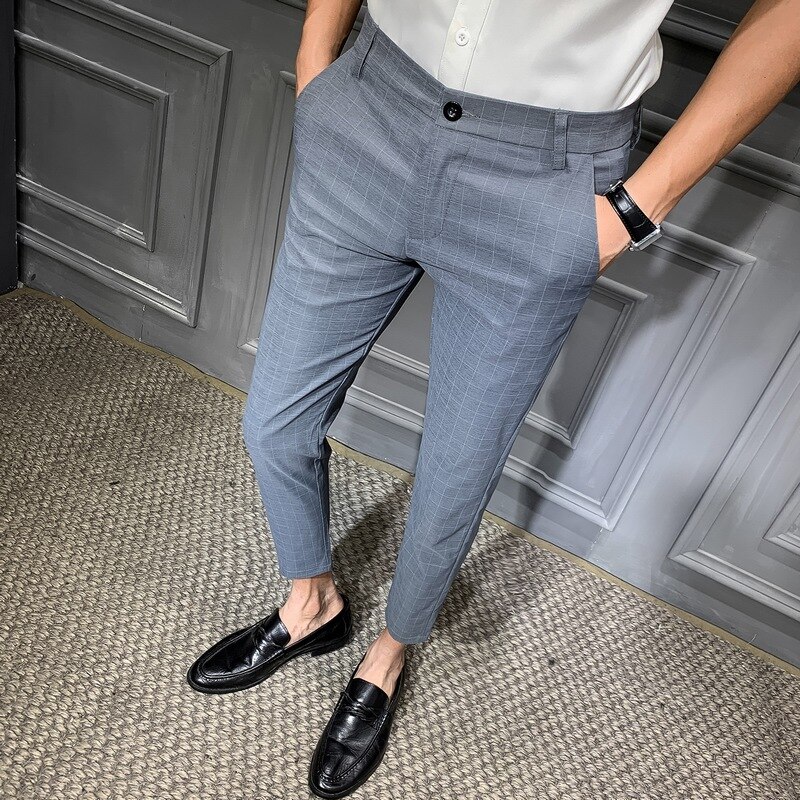 Brittisk stil herr rutiga byxor sommar affärsformella byxor för män slim fit ankellånga kontorsbyxor herr 34-28