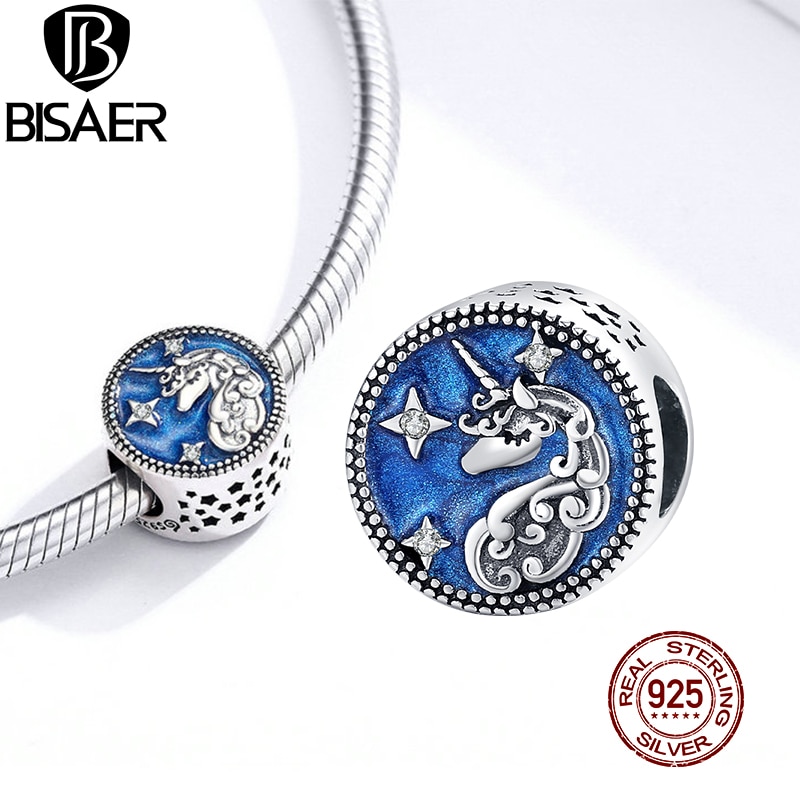 Unicorn Charms BISAER 925 Sterling Silver Blue Enamel Licorne Pave Beads Charms fit Original 925 Jewelry Making EFC230