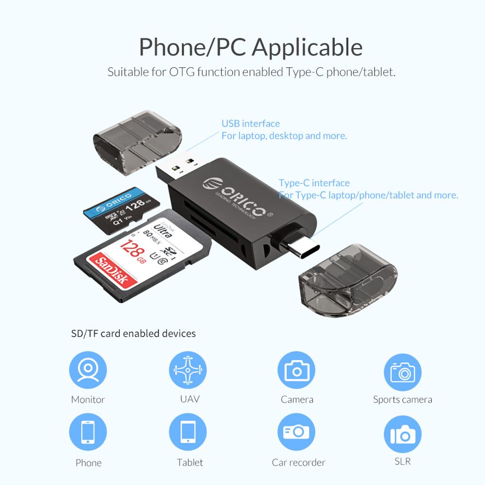 Orico kortlæser usb 3.0 2 in 1 sd/ micro sd tf otg smart memory type c kortlæser højhastighedsadapter til pc computer laptop