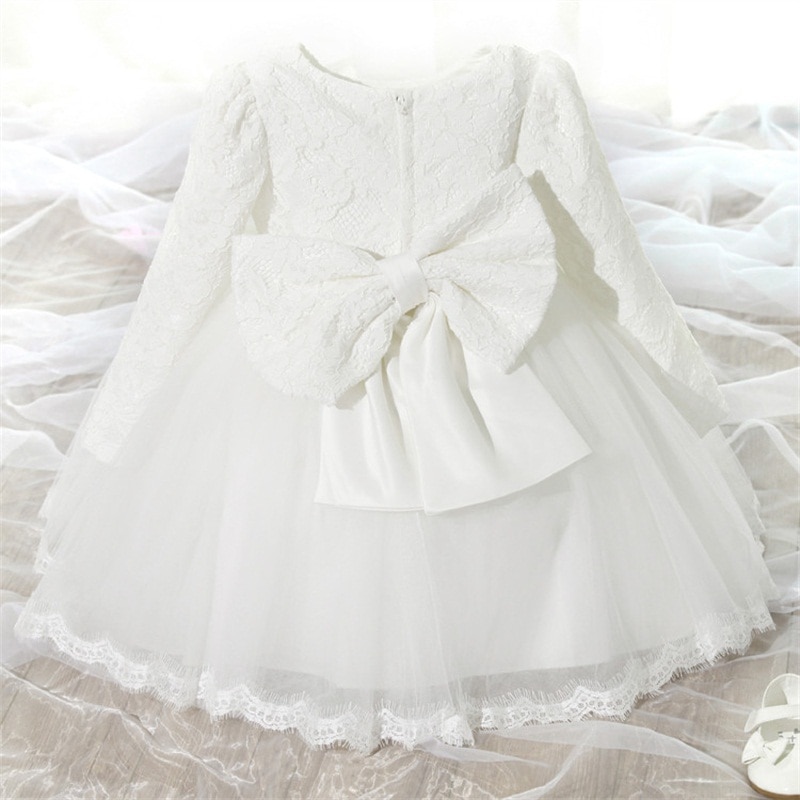Baby Girl Lange Mouwen Jurk Pasgeboren Witte Doop Jurk Bloem Meisjes Jurk Peuter Doopjurk Elegante Kant Prinses Jurk