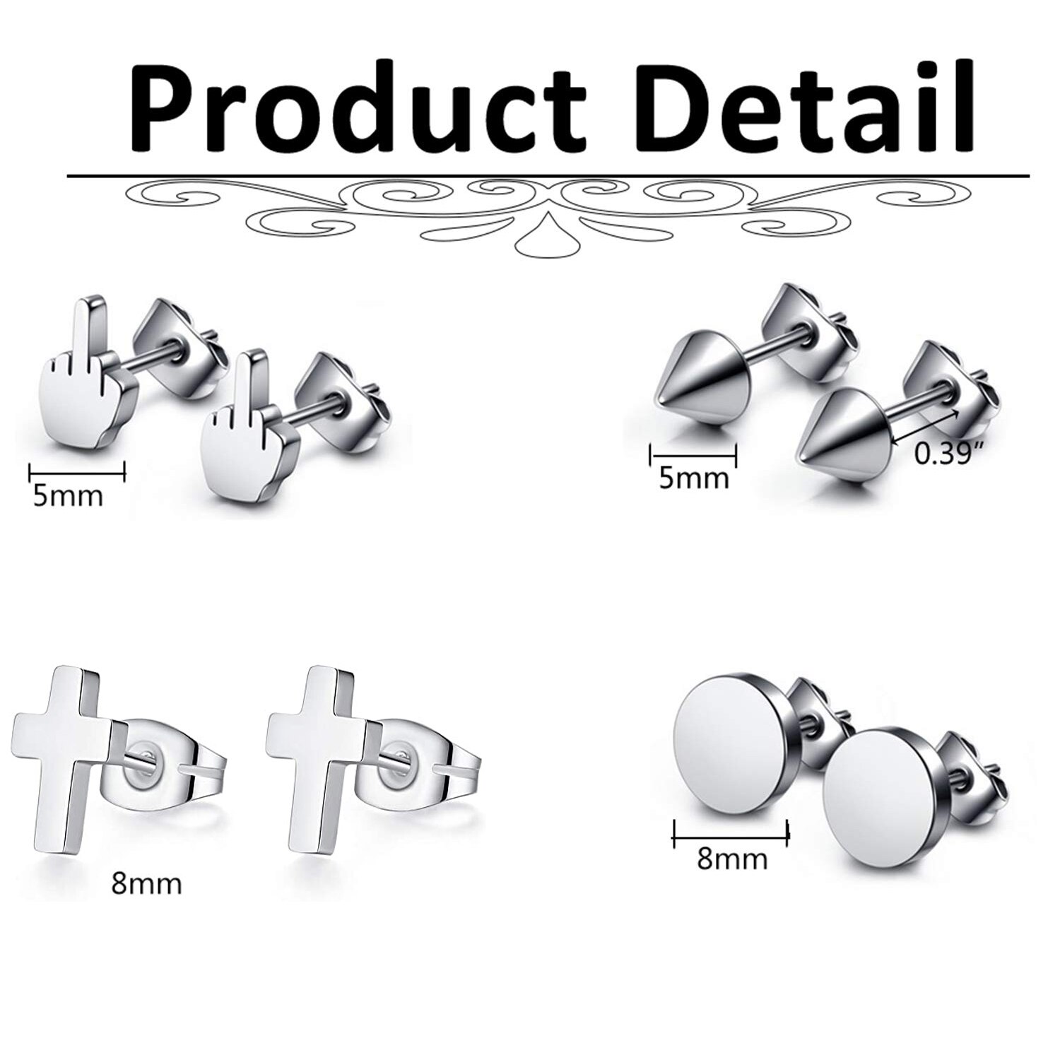 2 par punk rostfritt stål 20g silver svarta långfinger/kors/spike/runda platta öronproppar örhängen dam örhängen set