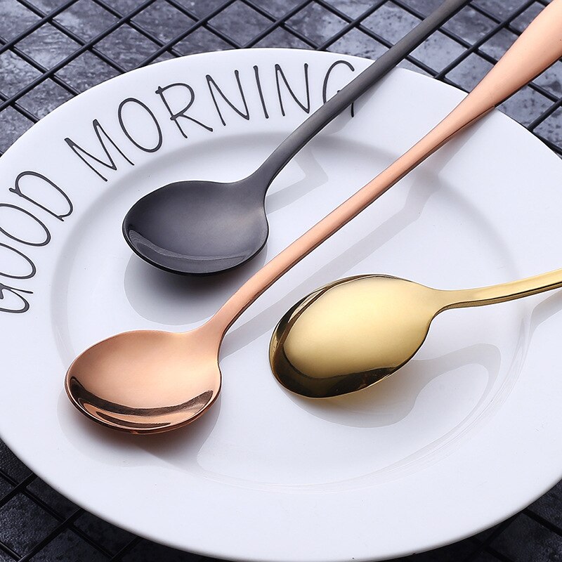 19.5cm Stainless Steel Round Head Spoon Rainbow Coffee Mixing Spoon Set Cold Drink Colorful Dessert Ice Spoon Flatware 6pcs/set