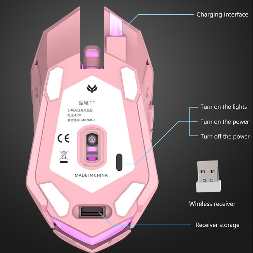 Gaming Mouse With 2400 DPI - 2.4GHz Wireless Optical Mouse With Colorful LED Lights - Rechargeable Silent Mouse For Gaming, Home & Office