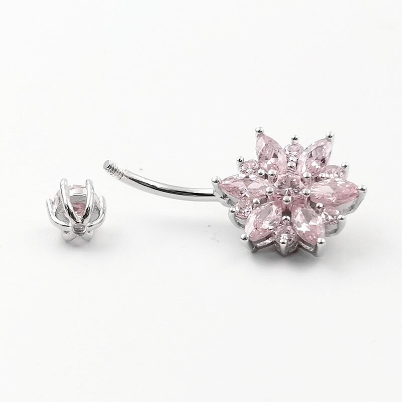 925 sterling silver belly piercing pink flower cubic zircon navel Button Ring for women body piercing jewelry