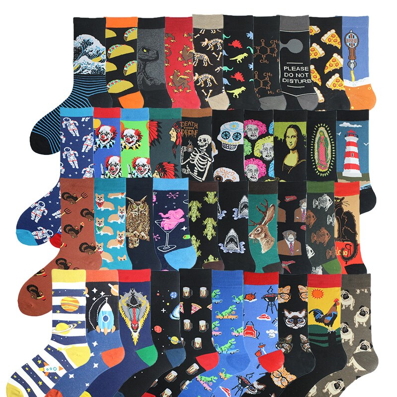 Gelukkig Kleurrijke Grappige Sokken Mannen Skateboard Shark Dinosaurus Astronaut Planeet Divertidos Hip Hop Sokken Harajuku Unisex Crew Sokken