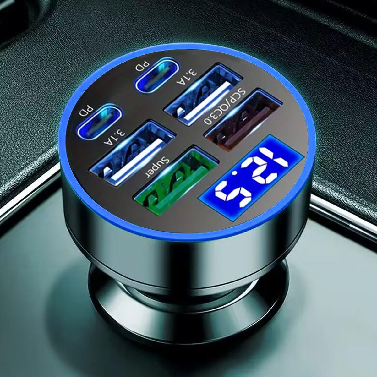 Autotelefoonoplader met QC3.0 snel opladen 6-poorten met LED-spanningsmonitor, multi-USB automotive-adapter, dubbele PD-autolader: Default Title