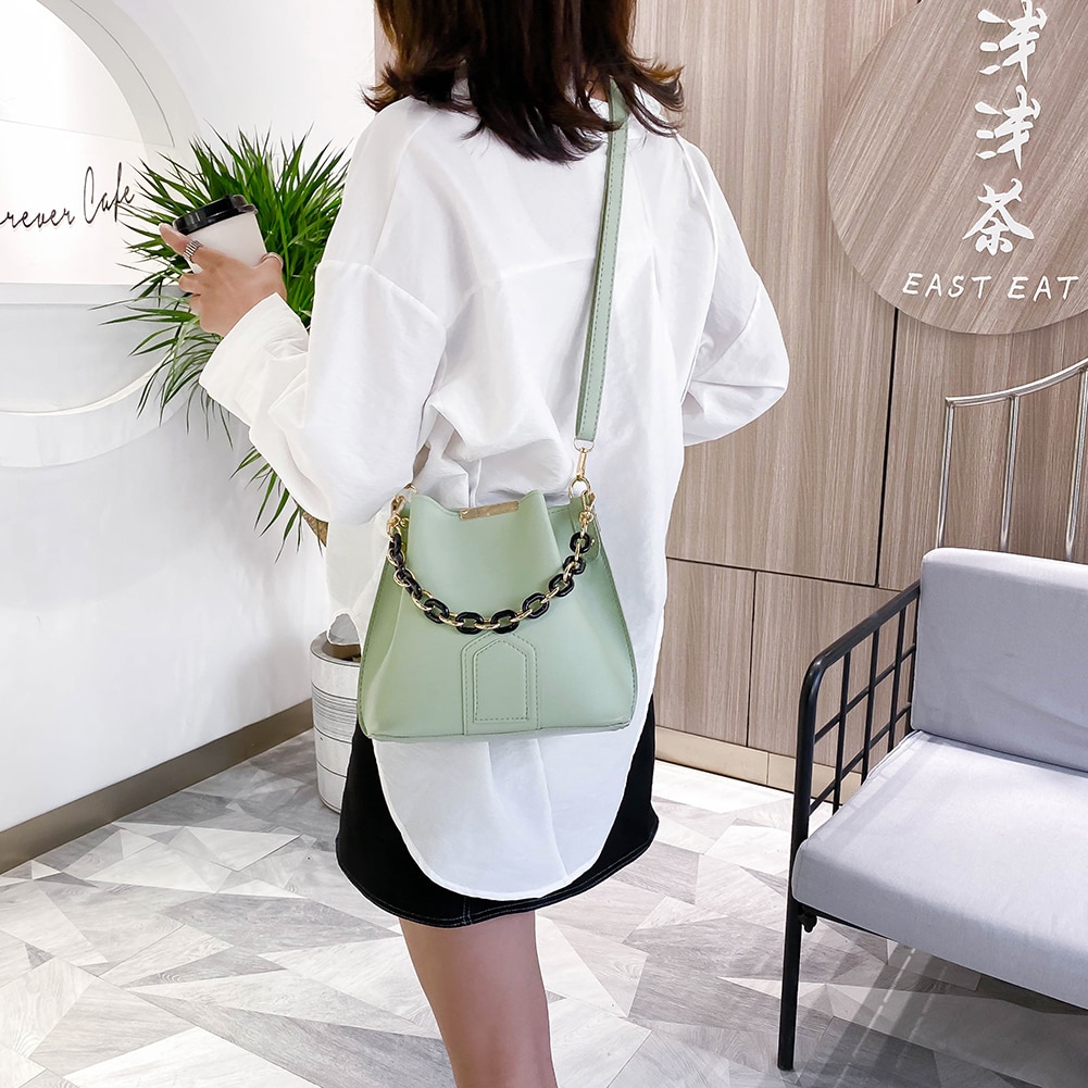 Exquisite Shopping Bag Women Bucket Shoulder Bag Simple Solid Color PU Leather Daily Crossbody Satchel