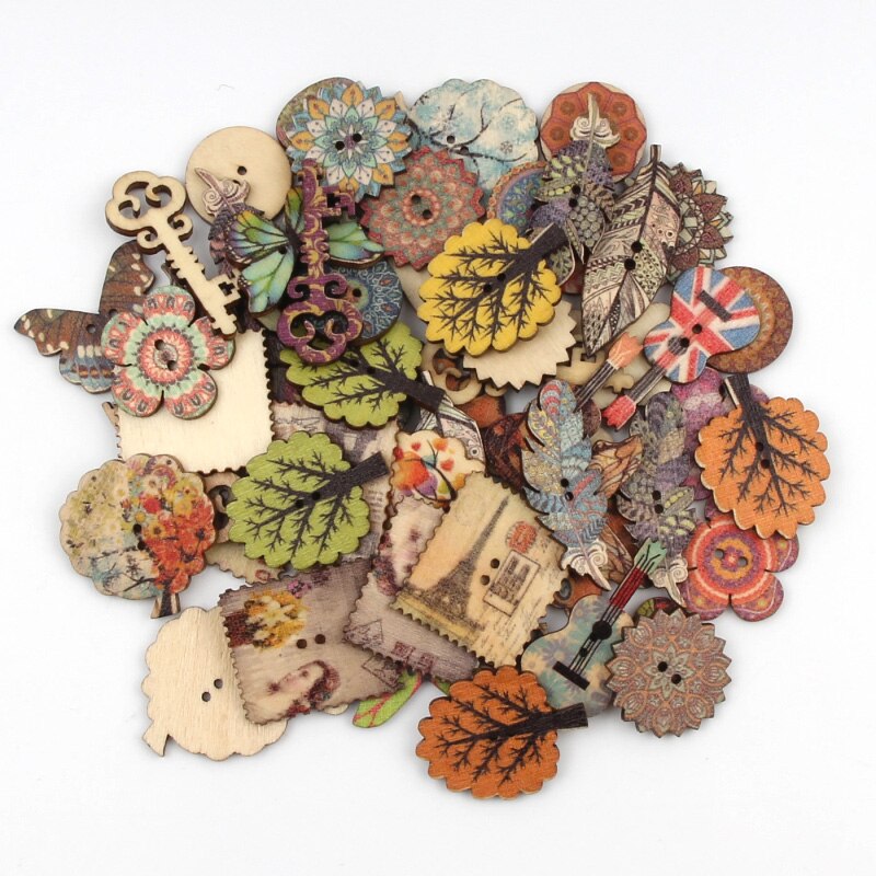 20pcs Mixed Retro Series Wooden Buttons For Clothing Sewing Decorative Needlework Scrapbooking Crafts DIY Accessories