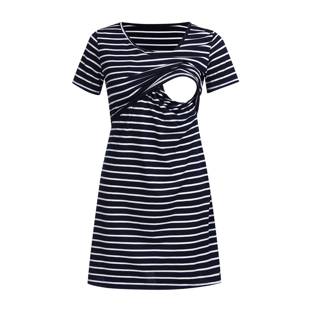 Maternity Dresses Pregnant Women O-Neck Nursing Short Sleeve Stripe Dress Summer Pregnancy Breastfeeding Nursing Tops vestidos