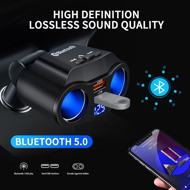 Car MP3 Player Bluetooth 5.0 Car Handsfree FM Transmitter Cigarette Lighter Dual USB Charger Expand Support U Disk Music Play