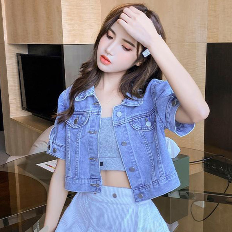 Lucyever cropped denimjakke kvinder sommer koreansk kortærmet overtøj dame knapper turndown krave jeanfrakke