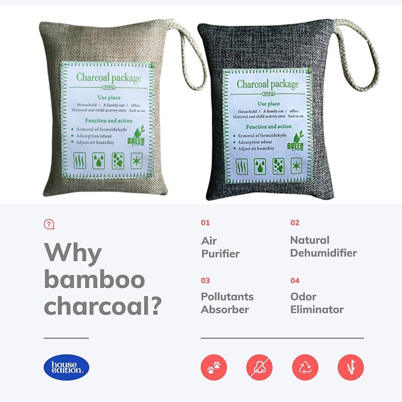 Bolsa de eliminación de olores de carbón de bambú verde transpirable (paquete de 4), absorbedor de olores de carbón activado para el hogar, mascotas, coche, armario, base