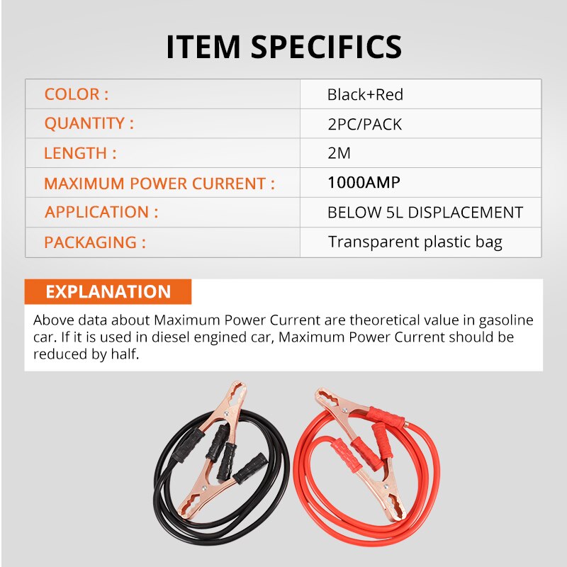 12v 2m 1000 amp bilbatteri startkabel booster kabel nødterminaler startstarter ledninger kabler ledning til auto varebil suv