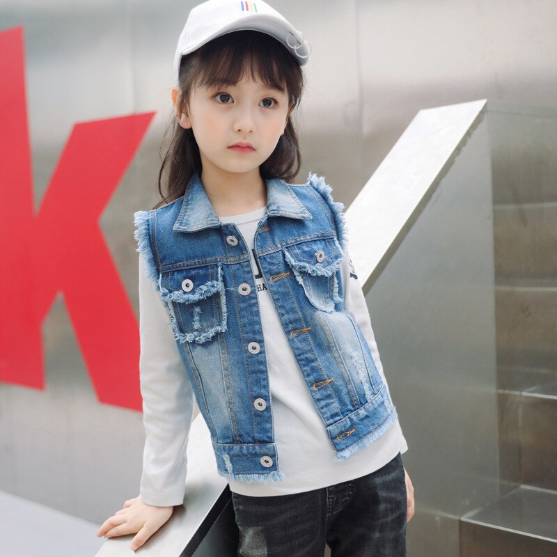 Spring Girls Vests Causal Sleeveless Kids Jacket for Girls Ripped Girls Denim Vests Coat DQ970