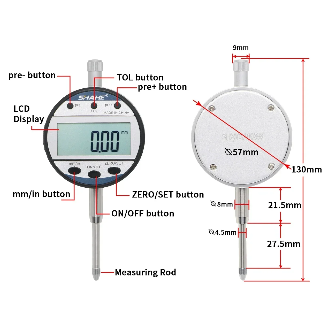 SHAHE Type Indicator 0-12.7/25.4 mm 0.01 mm Digital Dial Gauge Precision Measurement Tools Digital Dial Indicator