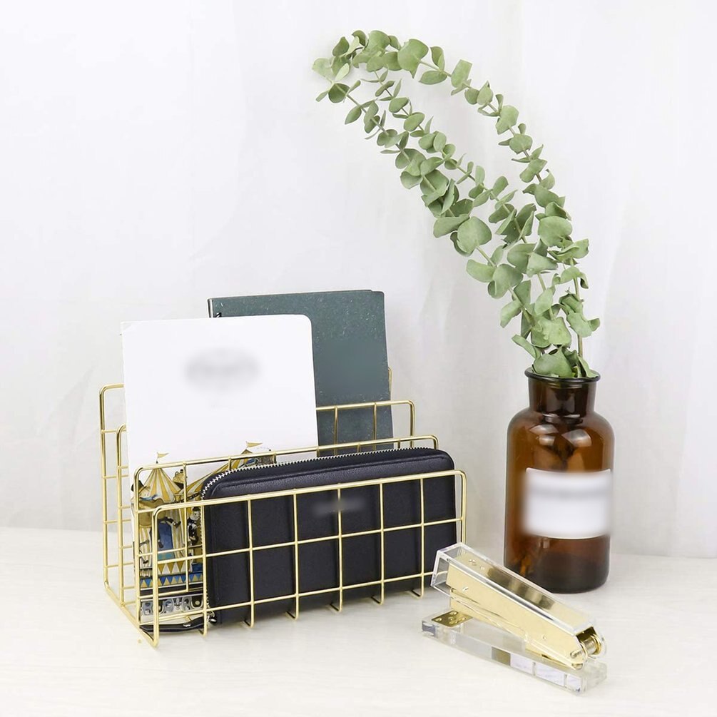 File Storage Box Metal Three Grid Bookshelf Desk Books Newspaper Magazine Organizer Desk Bookshelf Storage Rack