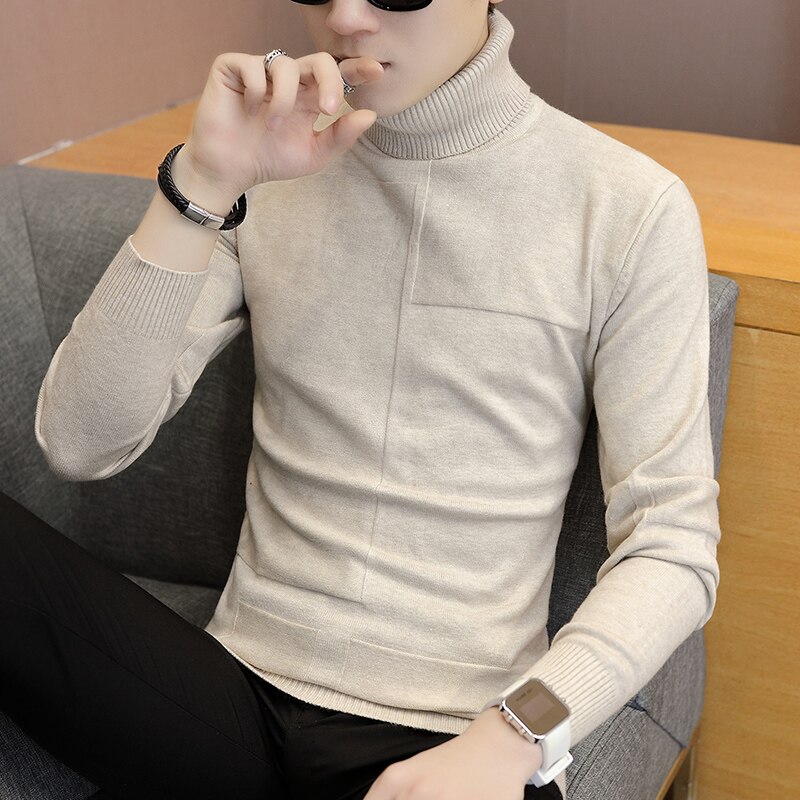 Tröja med turtleneck botten för män enfärgad business casual stickad tröja snygg slimmad lätt match tröja herr cool: Beige / Xxl