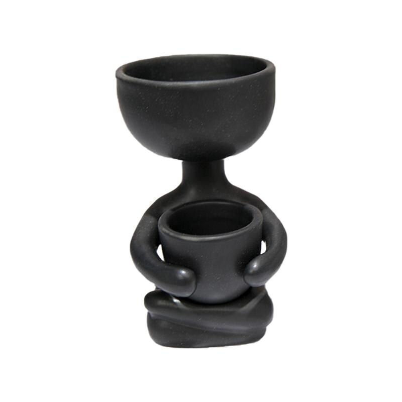 Sitting Human Shaped Planter Ceramic Flower Pot Plant Container Desktop Decoration Humanoid Ceramic Flowerpot (6x6x10cm): Black