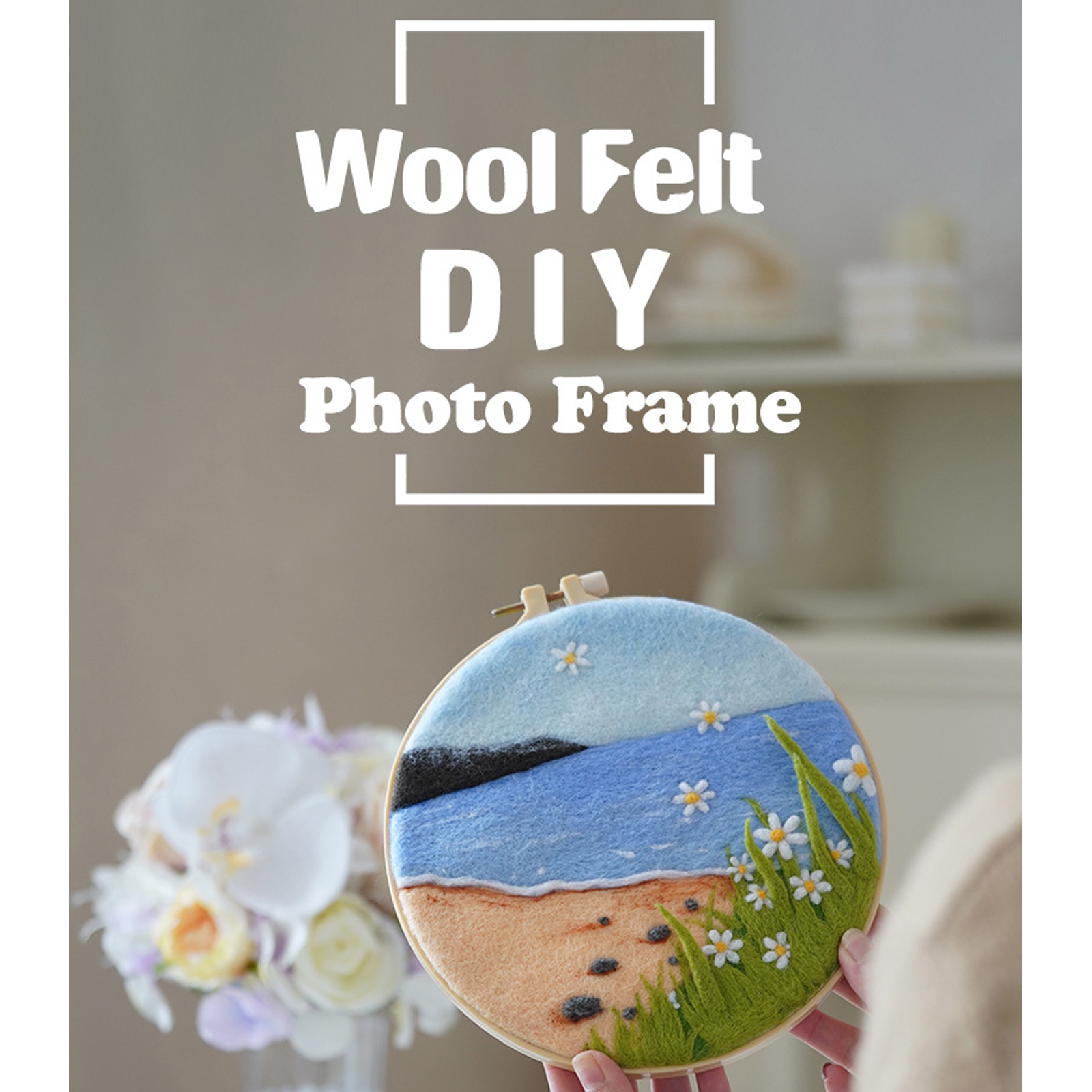 Wool Felting Kit Landscape with 8in/20cm Embroidery Hoop DIY Full Kit Unfinished Materials for Needlework Felting