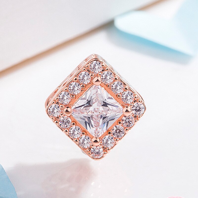 Echt 925 Sterling Zilveren Kralen Rose Goud Vierkante Kristal Kralen Fit Charm Armbanden &amp; Ketting Vrouwen Diy Sieraden