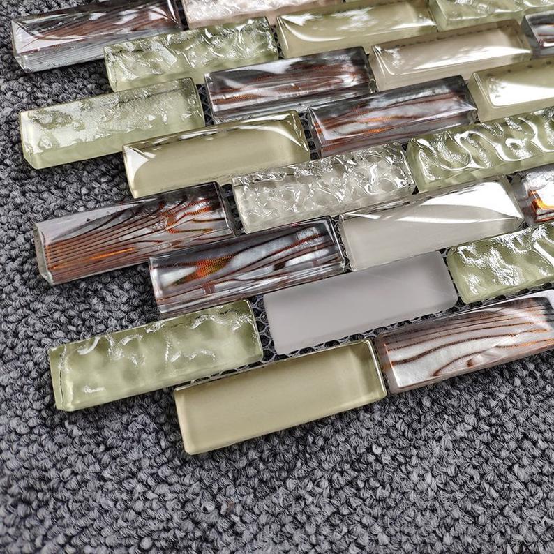 Brick Glass Wall Tile backsplash JMFGT064 Light Green Beige Gray Glass Mosaic Bathroom Wall Tiles